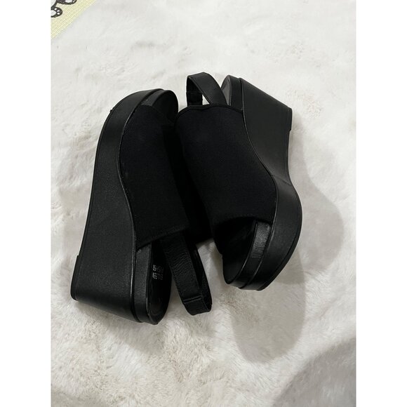 Eileen Fisher Black Peep Toe Slingback Platform Wedge Heels Size 8.5 - Picture 2 of 9